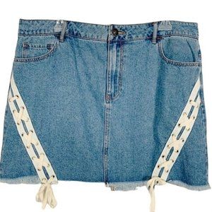F21 Blue Denim Mini Skirt Lace Up Detailing Sides Size 14